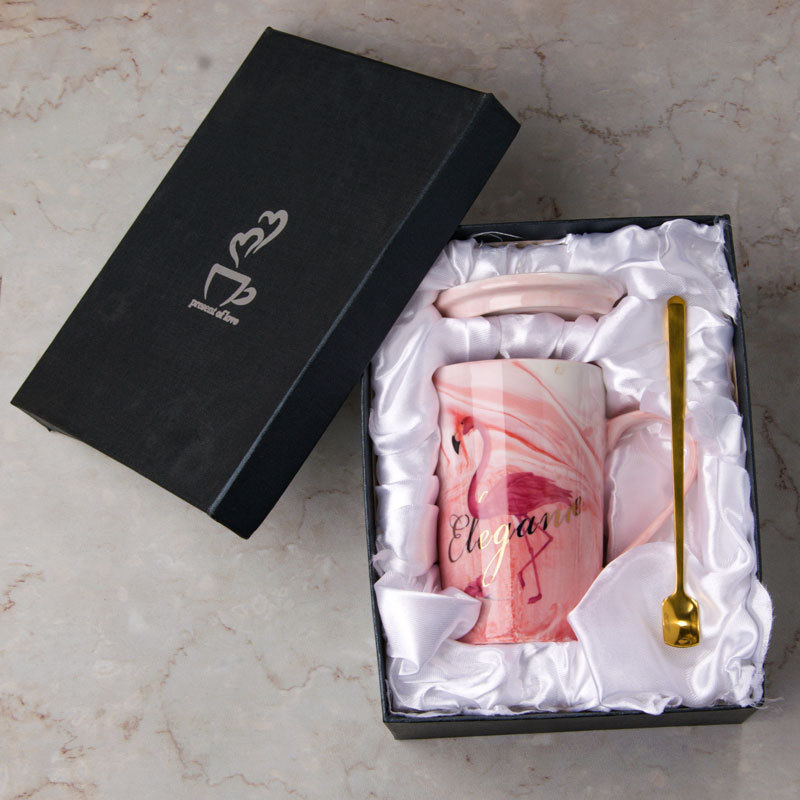 Creative ceramic gift Cup marbling Flamingo ceramic mug gift box suit gift Cup