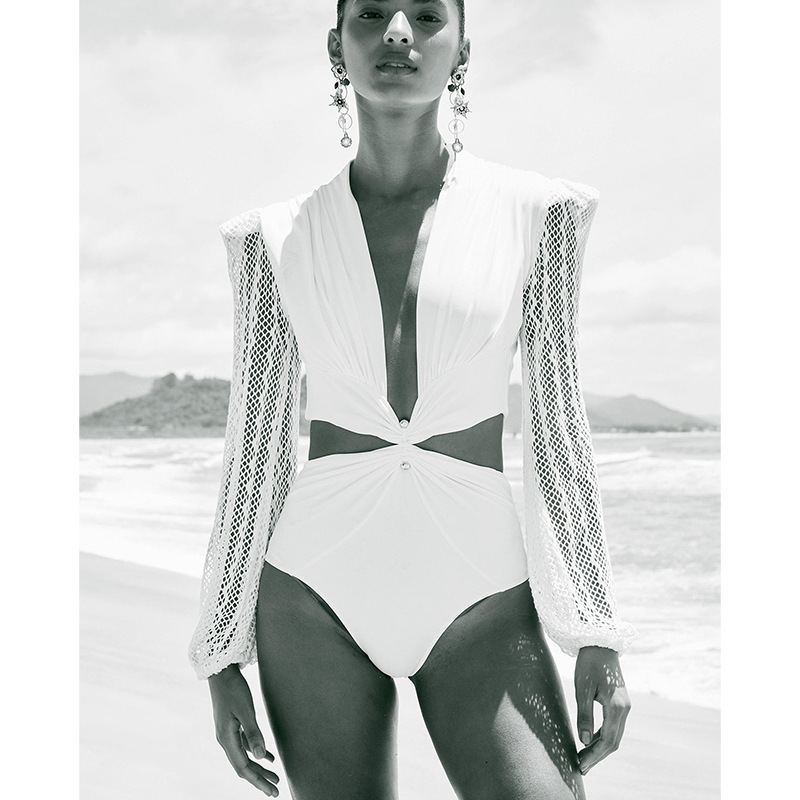 Jasney 2023 New One Piece Swimwear Female Sexy Lace Long Sleeve Printed Swimwear Solid Color Swimwear_voghion.com