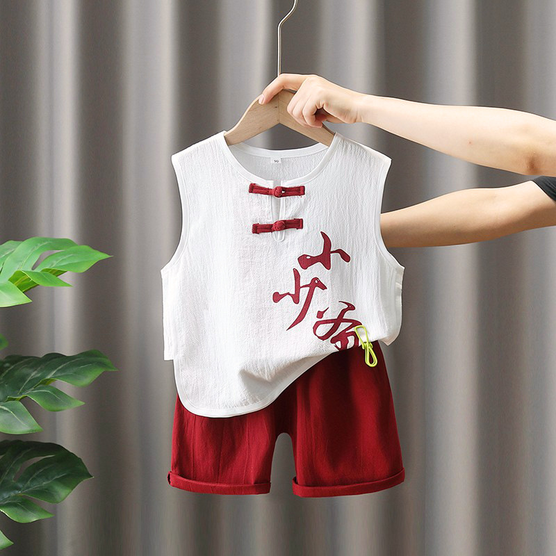 7886 Traje Hanfu de verano para niños, algodón y lino para niños, ropa nueva de verano, ropa de verano sin mangas de estilo occidental, traje de dos piezas de verano