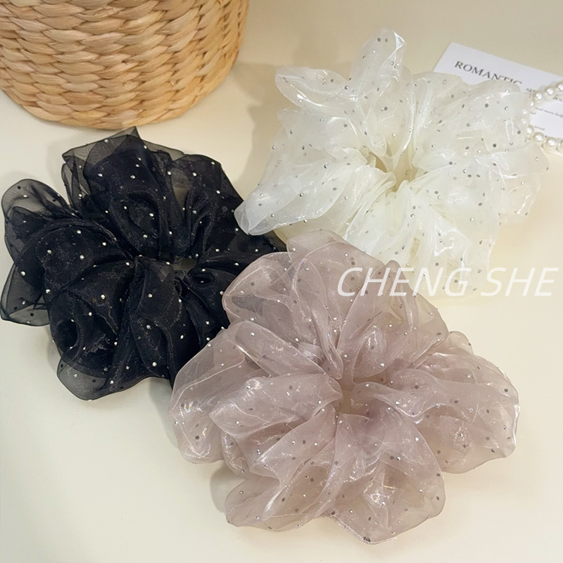 Korean-Style Large Mesh Scrunchie with Fine Glitter and Rhinestones, Polka Dot Design, High-End Ponytail Hair Tie Accessory