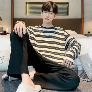 Imitation Cotton Pajamas Men's Spring and Autumn New Long Sleeve Trousers Youth Casual plus size Home Clothes suit