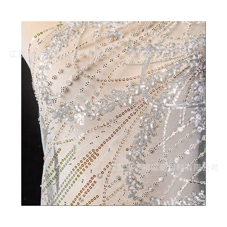 tela de malla blanca flor sequineta cuentas de clavos tela de moda de alta gama vestido de boda