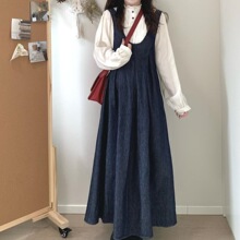 秋冬季新款韩系文艺复古牛仔连衣裙+长袖衬衫女学院风小众两件套