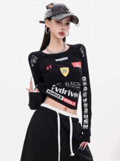 美式辣妹性感纯欲时尚独特机车风印花设计长袖T恤女修身打底上衣