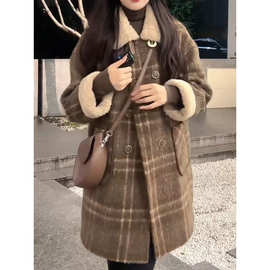 毛领格纹呢子大衣休闲减龄宽松大码慵懒风双排扣中长款毛呢外套