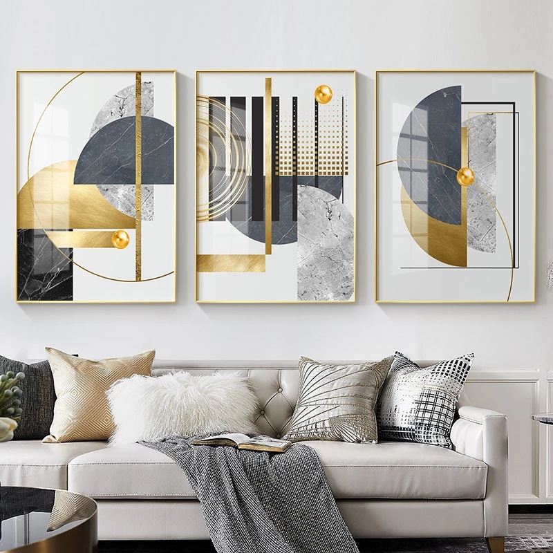 Modern Golden Abstract Geometric Art Pattern Stitching Canvas Painting Poster Wall Art Living Room Modern Decoration