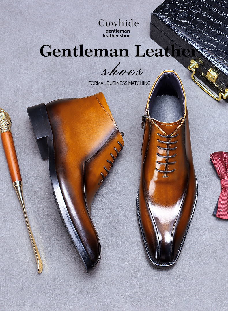 Kožené boty Velkoobchodní továrna Britské martinské boty Pravá kůže Módní společenské boty Špičatá špička Zip Vysoké kožené boty Kotníkové boty_voghion.com