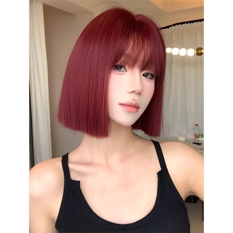 亚马逊新品欧美假发 女短直发中分黑色波波头套短款直发假发头套|undefined