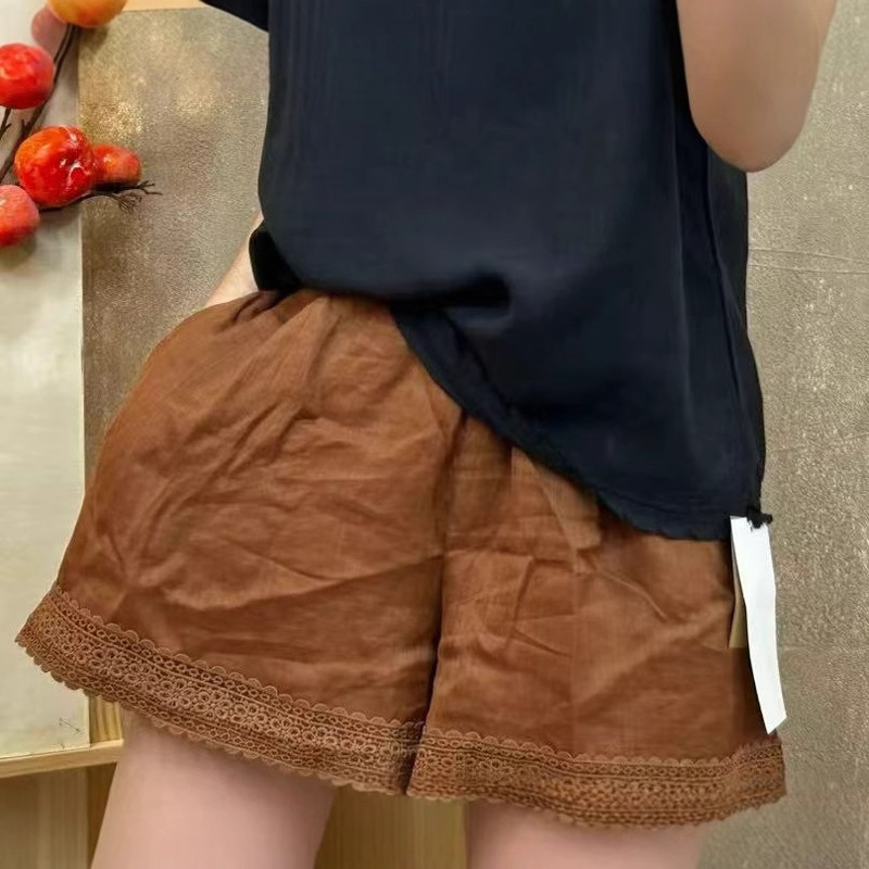 Summer 2025 Korean Style Loose Slimming Ramie Stitching Lace Staggedness Waist Wide-leg Shorts All-match Casual Pants for Women Summer 2025 Korean Style Loose Slimming Ramie Stitching Lace Staggedness Waist Wide-leg Shorts All-match Casual Pants for Women