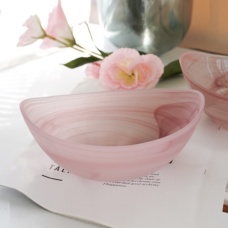 Creative Pink Glass Bowl, High-End High-Value Cloud Salad Bowl, Coffee Table Decoration, Snack Bowl, Splash-Ink Ingot Bowl