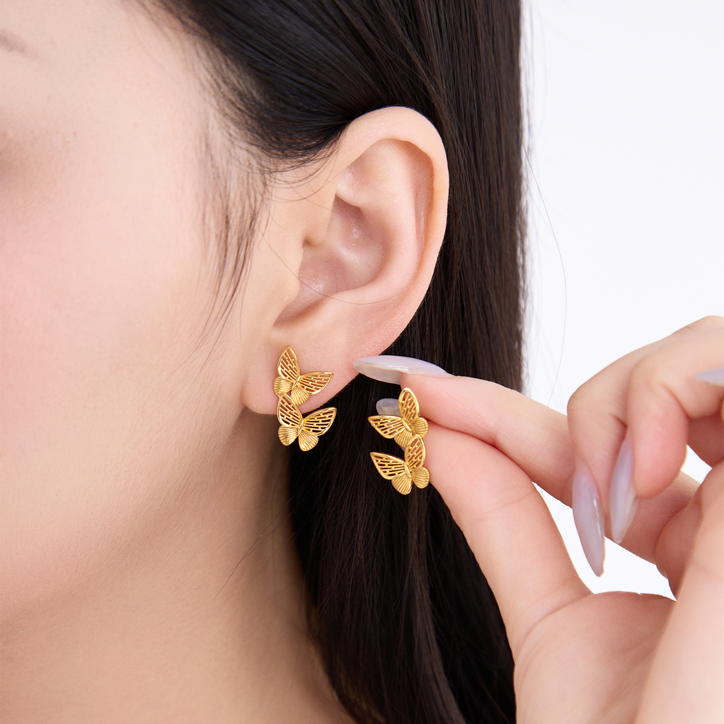 Aretes de Mariposa Calados de Doble Capa 24K de Aleación de Cobre Galvanizado para Mujer image 3