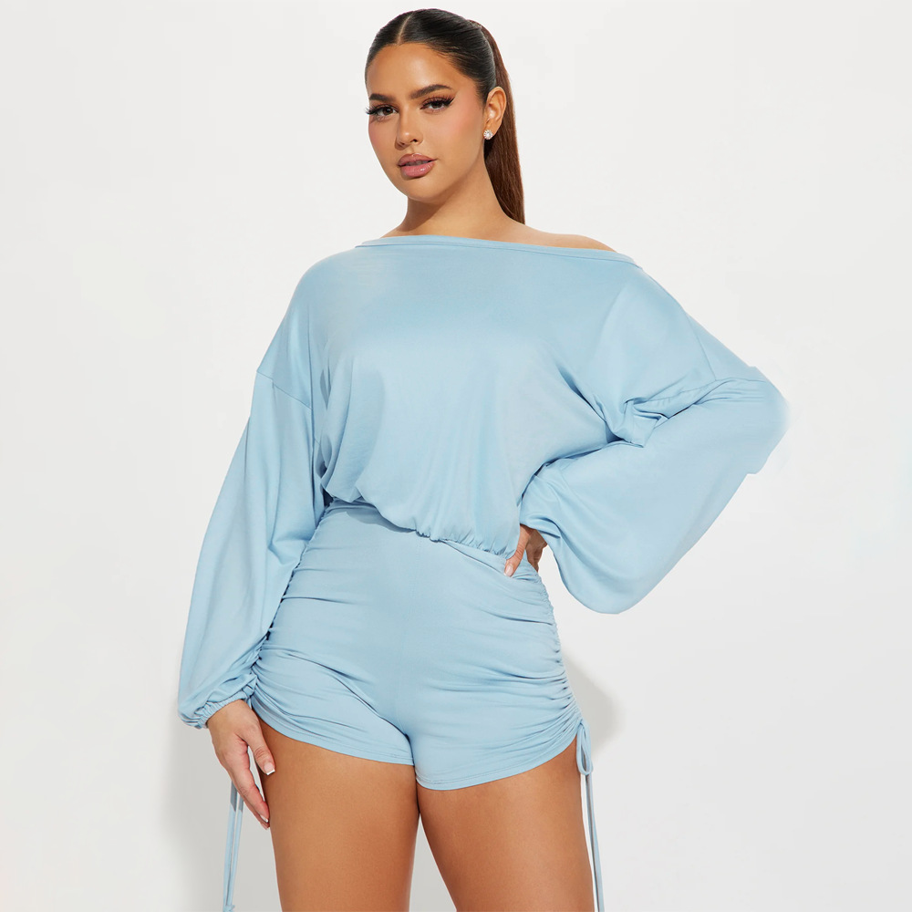 Women Wear Casual off Shoulder off Shoulder Long Sleeve Pleated Drawstring Fitted Waist Jumpsuit