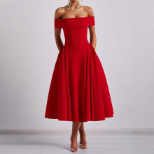 亚马逊跨境欧美风2025夏季女装时尚露肩性感风一字领纯色连衣裙女