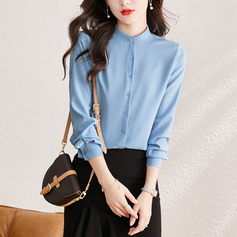 Counter same fashion women's shirt autumn new high quality long sleeve stand collar shirt professional silk shirt women