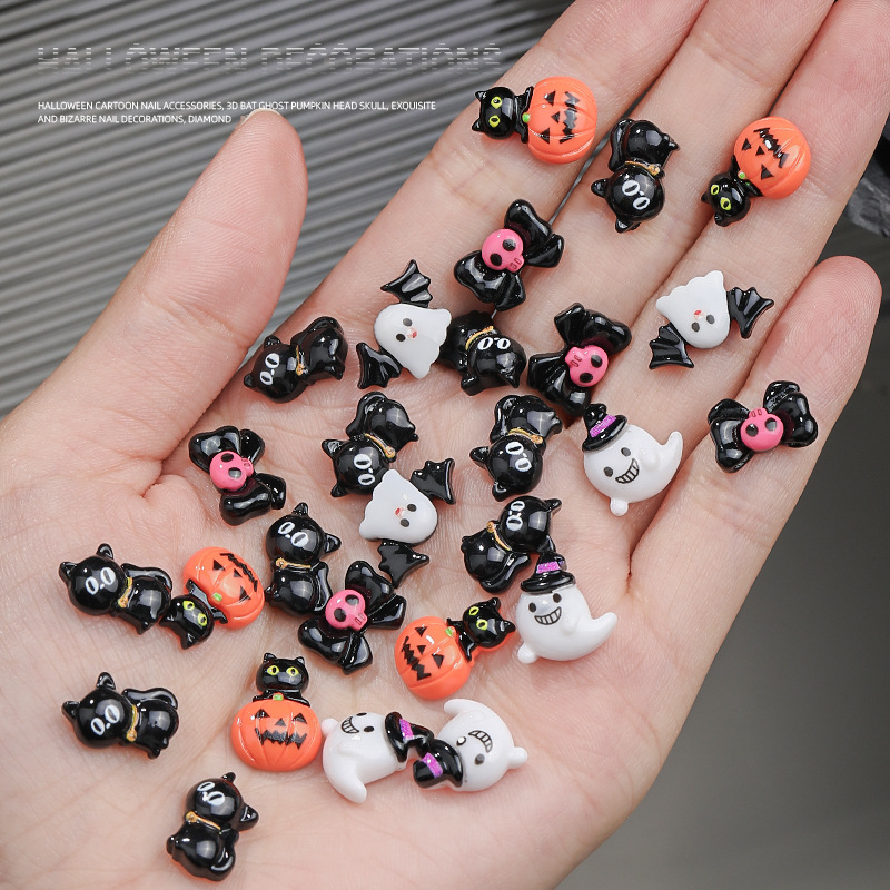 Halloween murciélago estereoscópico fantasma calabaza cabeza esqueleto dibujos animados joyas de manicura exquisitas curiosas ornamentos de uñas