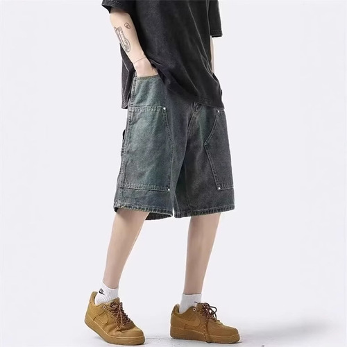 Men's Summer Thin American Retro Streetwear Five-Pocket Straight Leg Casual Washed Mid-Johns