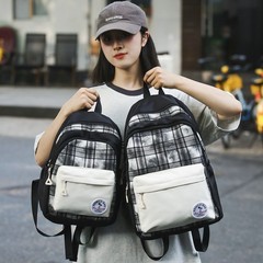日本の大学生のランドセル女性インスタイルカラーブロックチェック柄旅行バックパック男性高校生中学生コンピュータバックパック