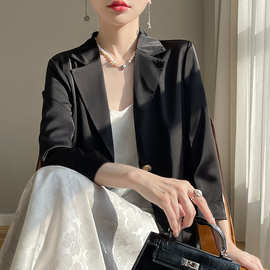 批发2024夏季新款醋酸黑白两色西装外套女感休闲七分袖外搭上衣
