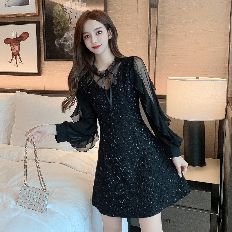 W2F Model Real Shot Autumn and Winter New Splicing Ruffled Slimming Look Dress