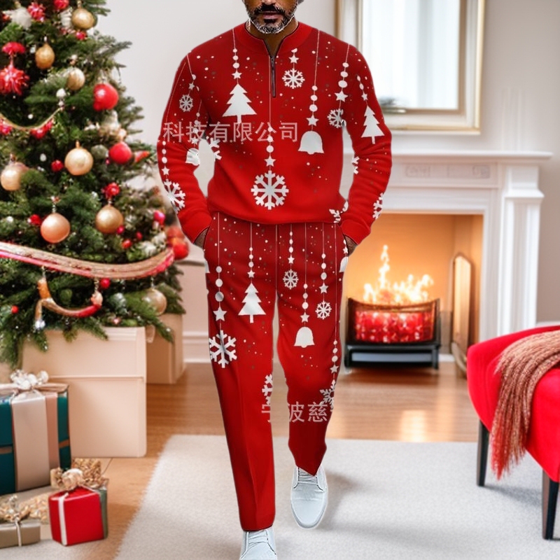 Cross-Border Hot Sale New Christmas Men's Casual Suit Men's Winter Half-Access Polo Shirt Long-Sleeved Pants