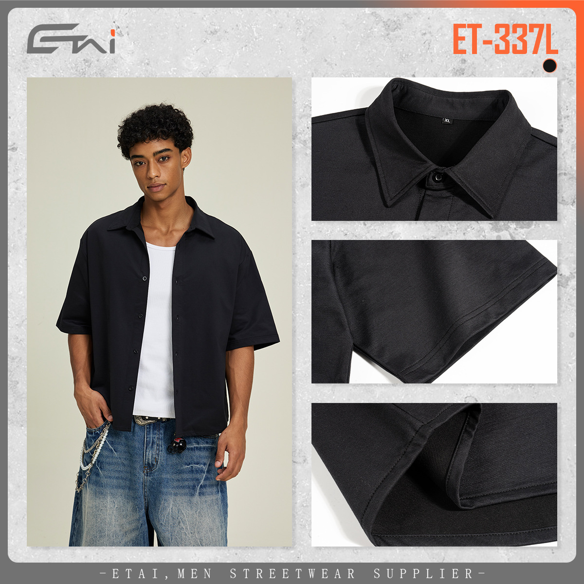 ETAI para hombre | Camisa de manga corta con rebeca de solapa de alta calidad transfronteriza Camisa boxy de alta calidad tejida de imitación de marca de moda