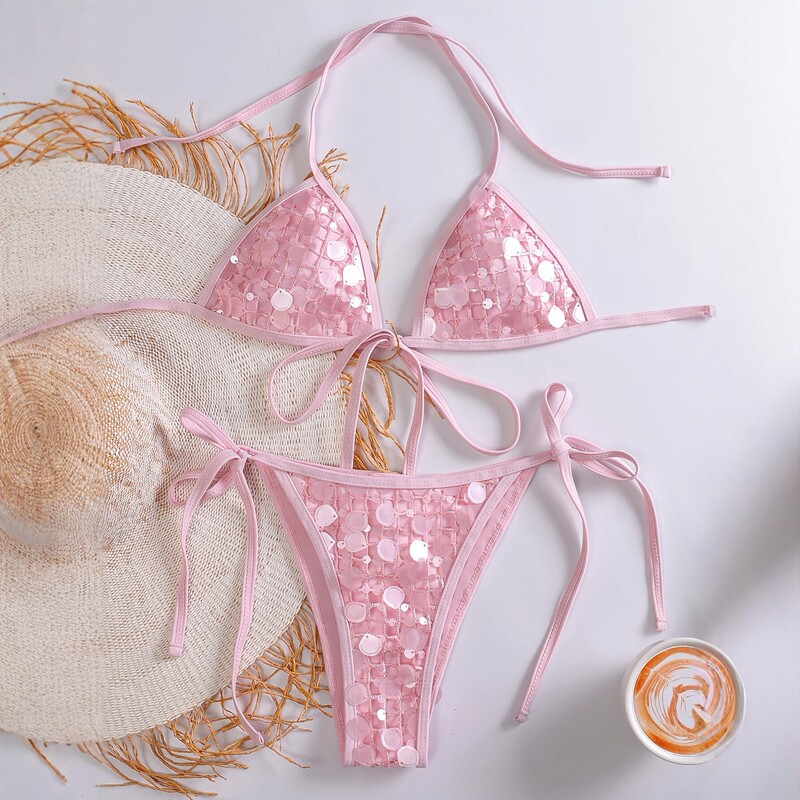 New Pink Sequined Bikini Swimsuit Set, European and American Style Sexy Triangle Halter Tie Two-Piece Swimsuit