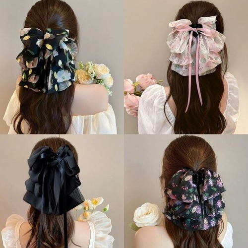 French vintage floral bow ribbon clip elegant and high-end low ponytail hair clip, hair bun at the back of the head hair accessory
