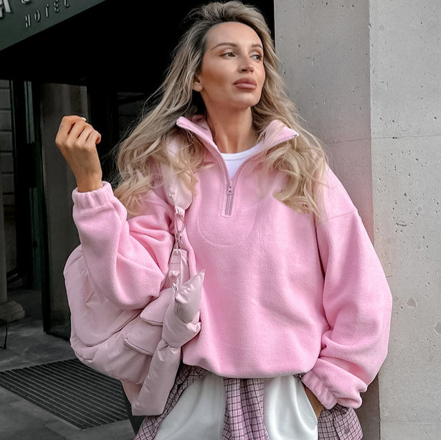 European and American Style Autumn and Winter Pink Cashmere Lapel Pullover Sweatshirt Work Clothing Versatile Cross-Border Wholesale Polar Fleece Liner for Women European and American Style Autumn and Winter Pink Cashmere Lapel Pullover Sweatshirt Work Clothing Versatile Cross-Border Wholesale Polar Fleece Liner for Women