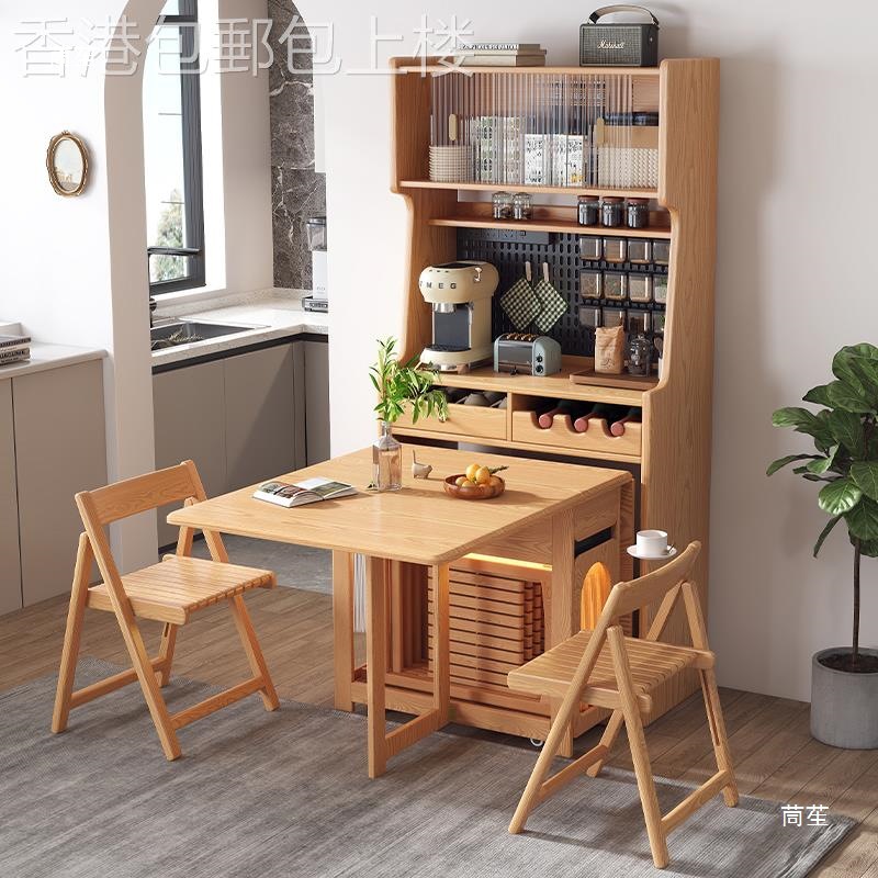[Free Shipping in Hong Kong] Solid Wood Foldableing Dining Table, Sideboard, Integrated Wall-Mounted Dining Chair Combination, Log Style Multi-Functional Storage