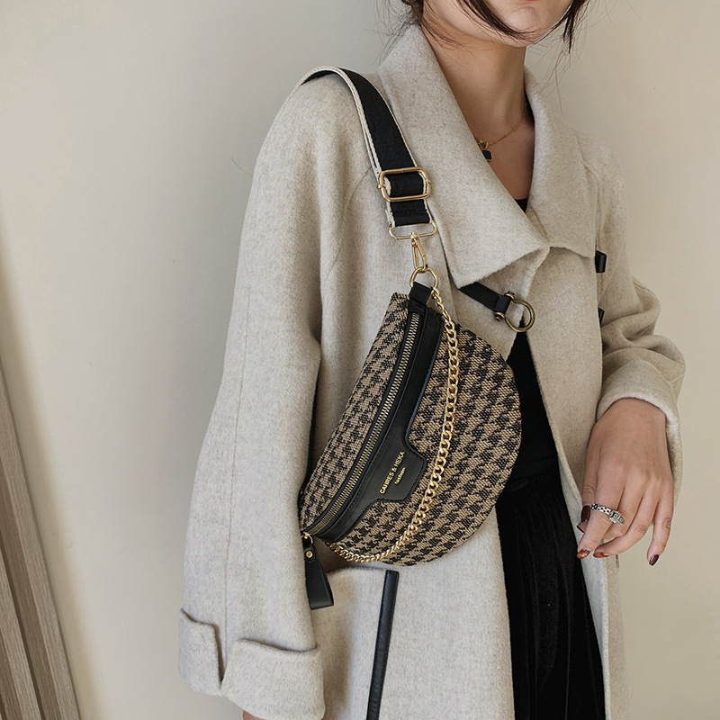 Bolso de pecho de la cintura del color del contraste de la lona de gran capacidad de las mujeres nicho moda houndstooth Leopard Print puesto de recogida de dinero bolsa de mensajero del hombro