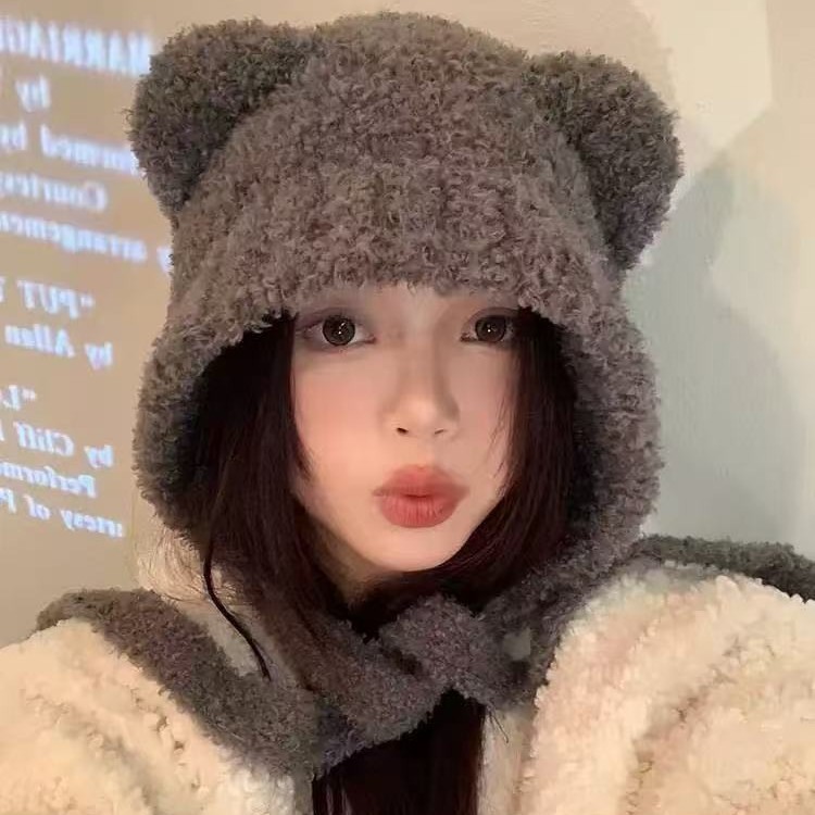 Autumn and winter girl's cat ear knitted hat, warm ear-covering hat, makes the face look smaller, suitable for large head sizes, ear-protecting bear hat