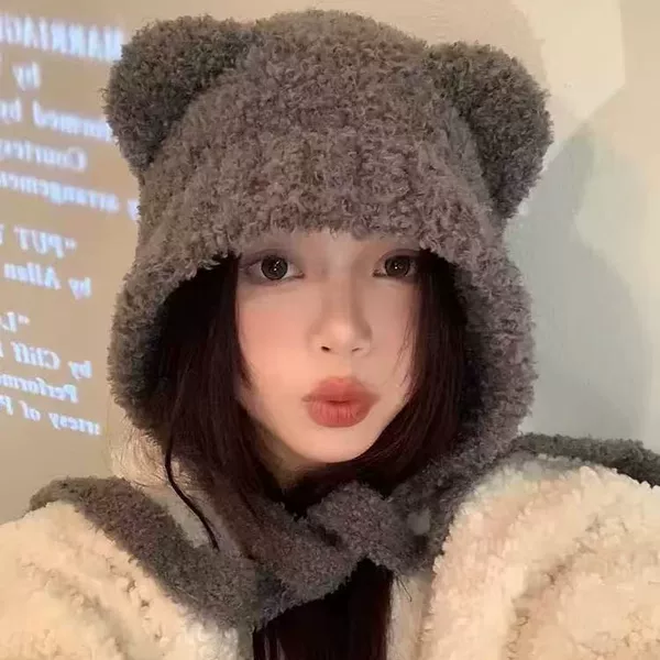 Autumn and winter girl's cat ear knitted hat, warm ear-covering hat, makes the face look smaller, suitable for large head sizes, ear-protecting bear hat