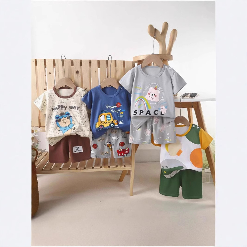 Children's Short-Sleeved Suit Summer Pure Cotton Boys' Clothes Thin New Style Girls' T-Shirt Summer Clothes Baby Kidsren's Clothes