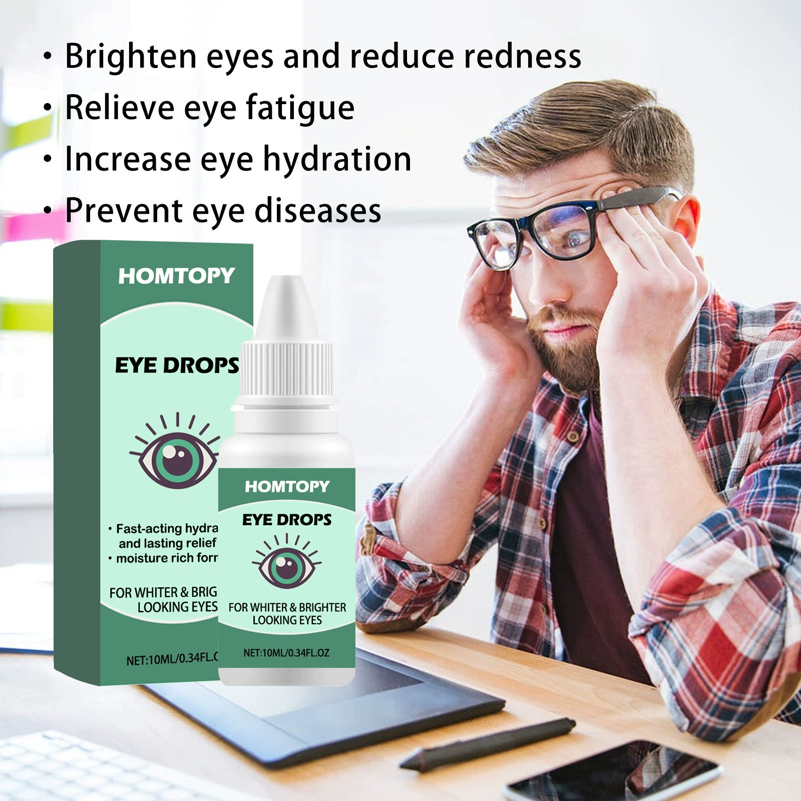 Капли для глаз HOMTOPY от близорукости, снимающие сухость глаз, размытость глаз, усталость, капли для глаз с легкой защитой глаз