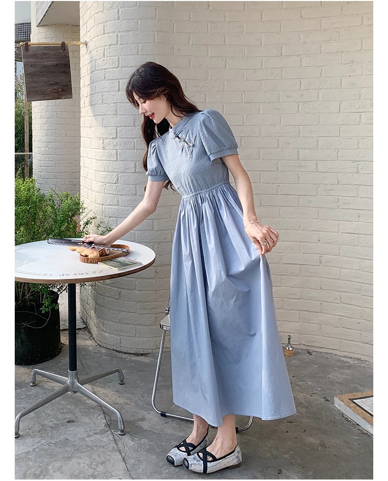 Blue Chinese Style For Women, Summer 2025 New Model, Improved Cheongsam, Elegant And Slimming Long A-line Dress_ecoleips.com