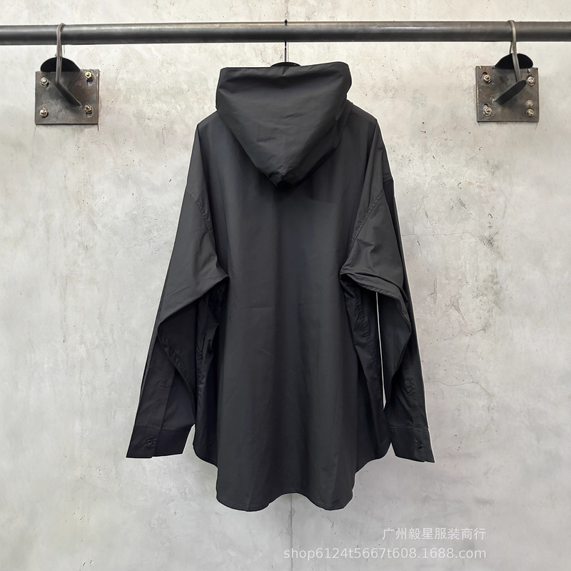 高版本巴黎B家25新款字母logo刺绣休闲宽松男女透气长袖连帽衬衫|undefined