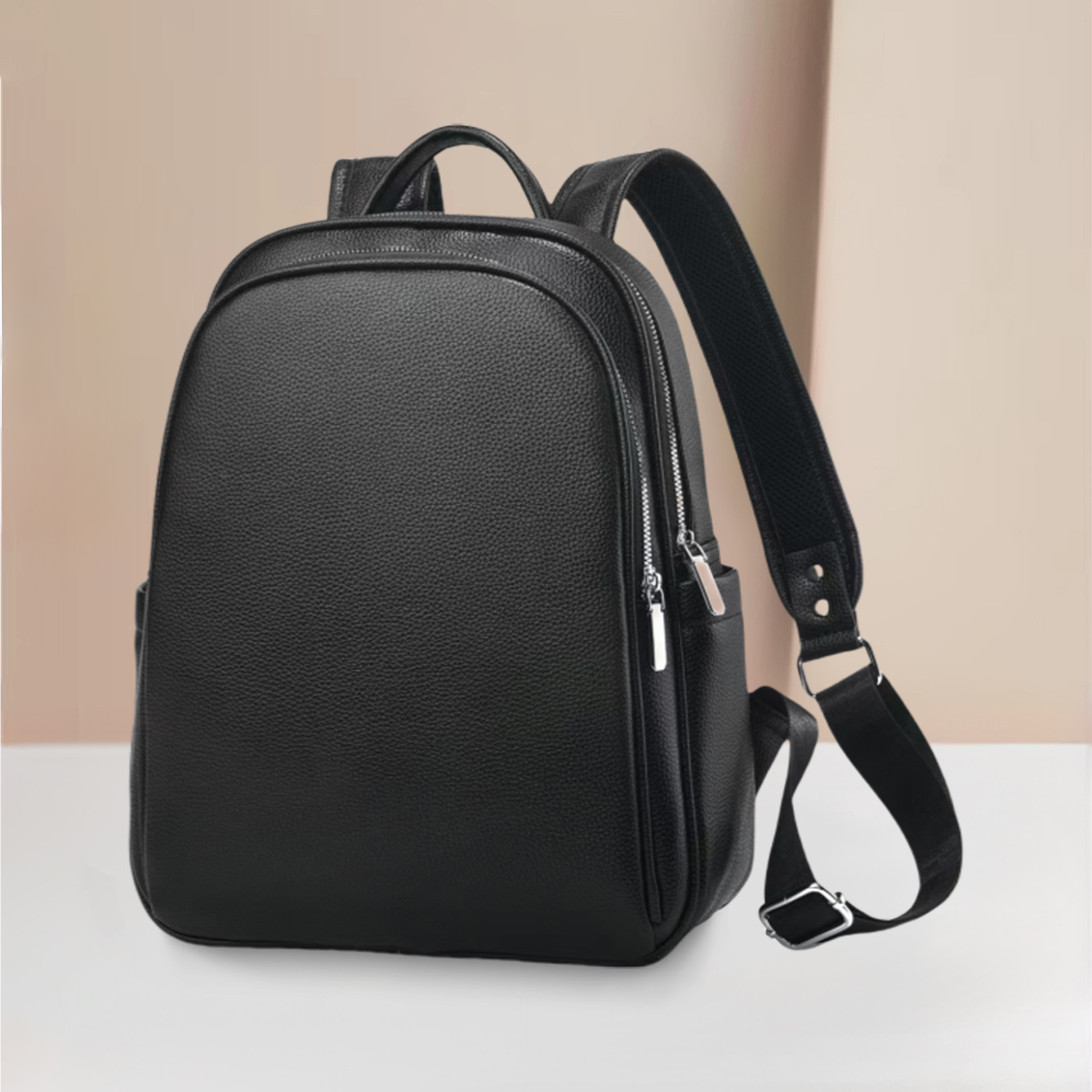 Mochila negra estilo 2025, elegante bolso escolar de PU para hombres y mujeres, bolso de viaje informal multifuncional.