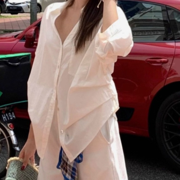 会凹造型的白衬衫秋季新款休闲百搭白色休闲翻领泡泡袖收腰衬衣女|undefined