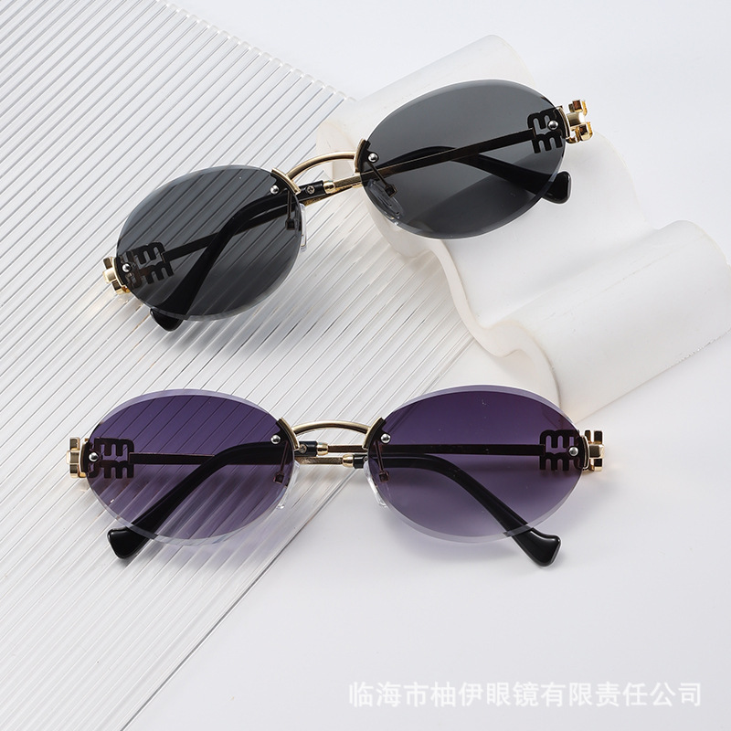 欧美时尚跨境新款椭圆无框太阳镜金属复古小框网红凹造型街拍墨镜|undefined