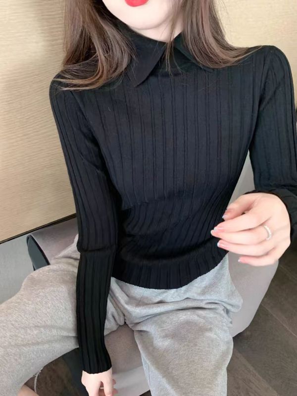早秋新款慵懒风小翻领针织打底衫女早秋毛衣女设计感小众别致上衣|undefined