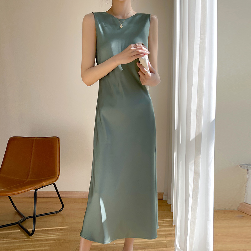 Imitation Acetate Satin Silk Suspender Dress for Women Summer Imitation Mulberry Silk Round Neck Long Skirt A-Line Skirt High Waist Sleeveless
