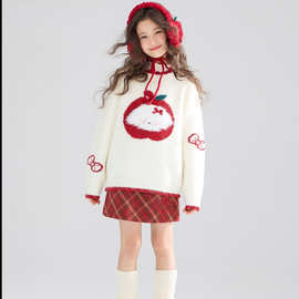 女孩韩系毛线衣半身裙套装中大童秋冬新款可爱卡通苹果小狗两件套