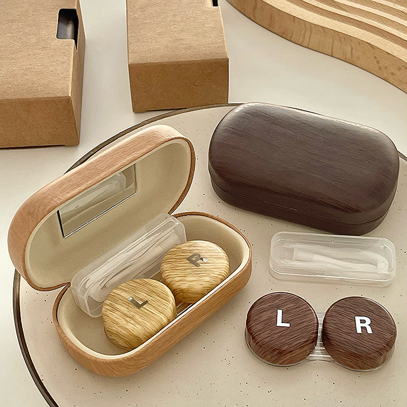 Beautiful pupil box leather imitation wood grain contact lens companion box with mirror leak-proof accessories independent storage care box Beautiful pupil box leather imitation wood grain contact lens companion box with mirror leak-proof accessories independent storage care box