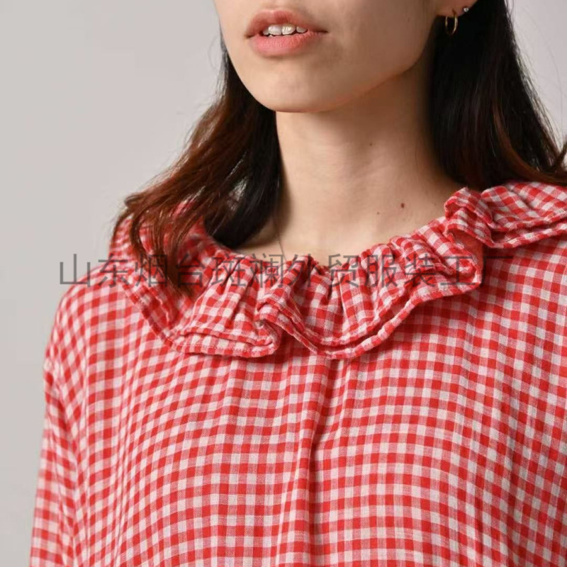 Directly Supplied from the Original Factory, Foreign Trade Clothing 45R Plaid Long Dress with Ruffle Collar, Sweet and Cute Plaid Cotton Girl's T-Shirt for Spring and Autumn