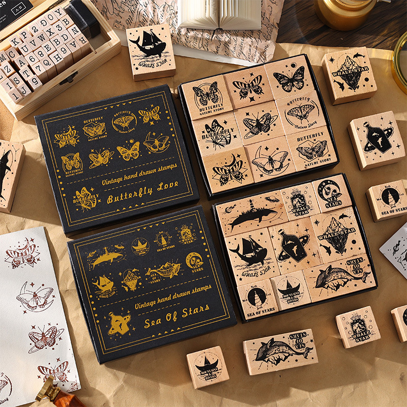 Star Sea Butterfly Love Seal Series Hand Account Carving Seal Retro Wooden Diary Decorative Printing Stamp