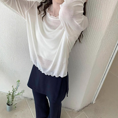 木耳边镂空防晒长袖T恤上衣女2025夏季新显瘦圆领打底衫防晒爆款