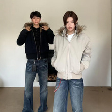 黑色银狐解构座山雕连帽外套男款冬季毛领棉服加绒保暖衣百搭休闲