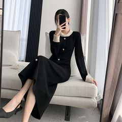 高档长款毛衣裙气质名媛法式赫本风黑色洋气针织连衣裙女春秋新款