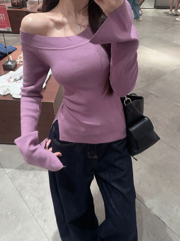 灰色长袖斜肩针织打底衫女装春季内搭露肩毛衣chic甜辣妹修身上衣|undefined