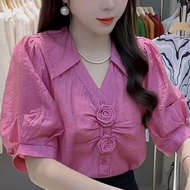 Summer 2025 New Short-Sleeve French-Style Three-Dimensional Design Rose Pink Loose Shirt with Unique and Chic Appeal, Popular Online Trend